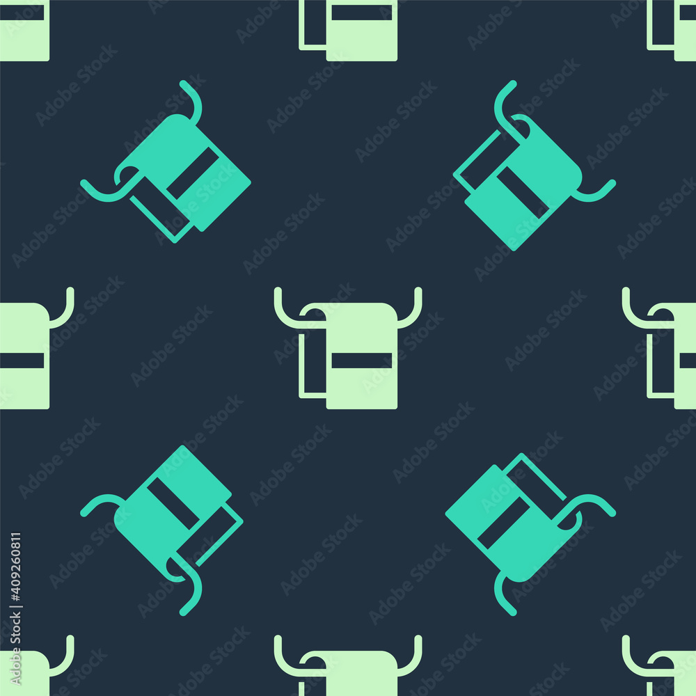 Green and beige Towel on a hanger icon isolated seamless pattern on blue background. Bathroom towel icon. Vector. Green and beige Towel on a hanger icon isolated seamless pattern on blue background. Bathroom towel icon. Vector.