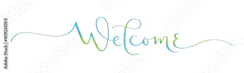 WELCOME blue and green vector brush calligraphy banner with flourishes