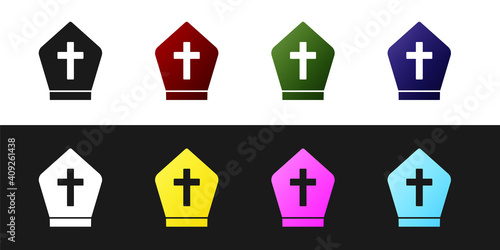 Set Pope hat icon isolated on black and white background. Christian hat sign. Vector.