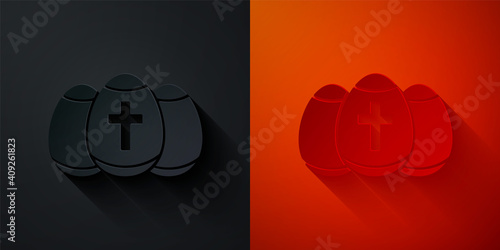 Paper cut Easter egg icon isolated on black and red background. Happy Easter. Paper art style. Vector.