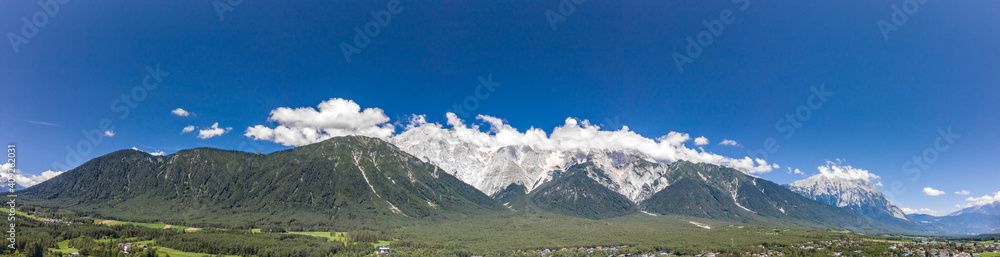 Panorama aerial view of mieming mountain range in Obermieming valley in Tyrol Austria