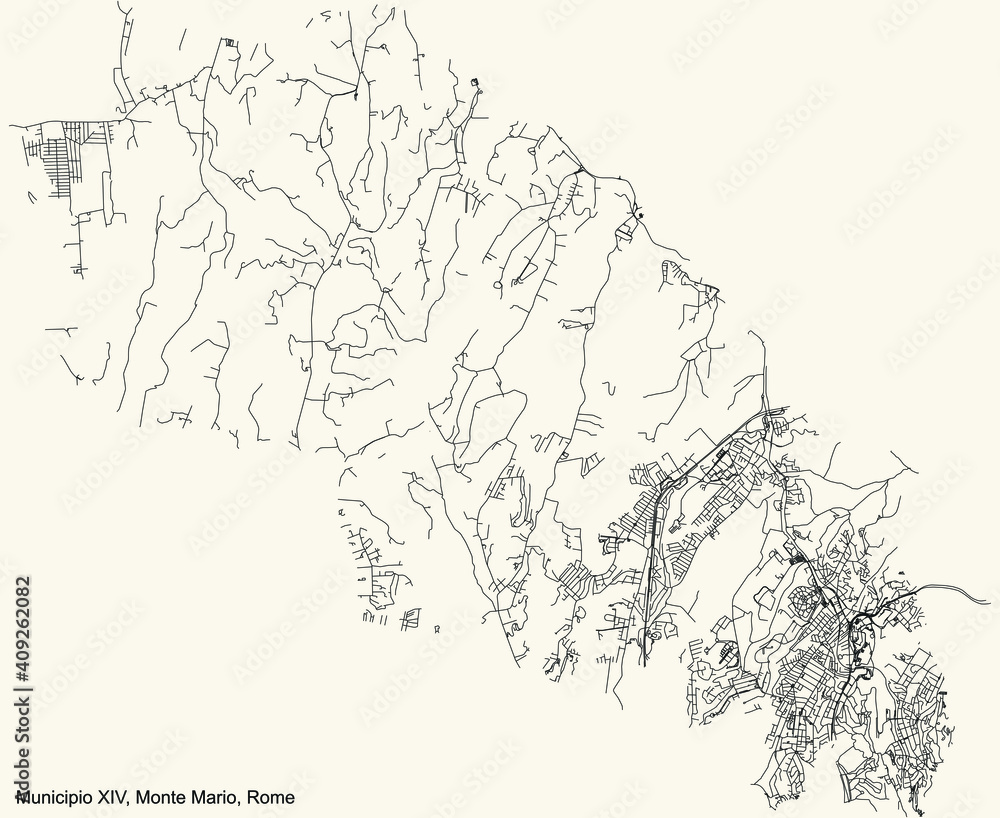 Black simple detailed street roads map on vintage beige background of the neighbourhood Municipio XIV – Monte Mario municipality of Rome, Italy