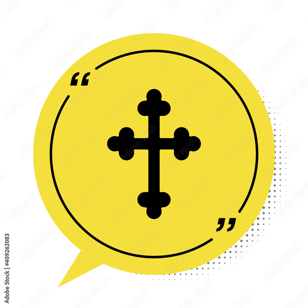 Black Christian cross icon isolated on white background. Church cross. Yellow speech bubble symbol. Vector. Black Christian cross icon isolated on white background. Church cross. Yellow speech bubble symbol. Vector.