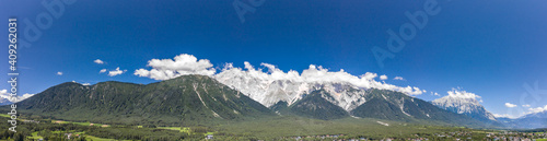Panorama aerial view of mieming mountain range in Obermieming valley in Tyrol Austria