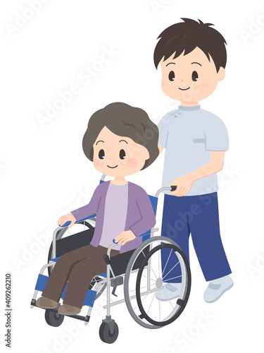 車いすに乗って移動するおばあちゃんのイラスト_リハビリ