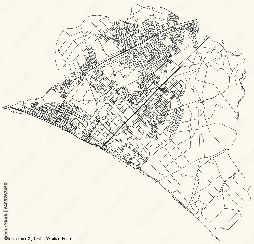 Black simple detailed street roads map on vintage beige background of the neighbourhood Municipio X – Ostia/Acilia municipality of Rome, Italy