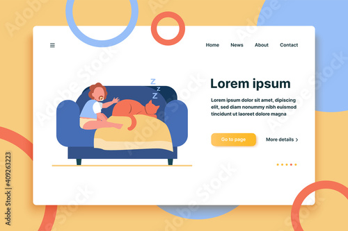 Baby sitting on sofa with sleeping cat. Pet, baby, child flat vector illustration. Domestic animals and childhood concept for banner, website design or landing web page