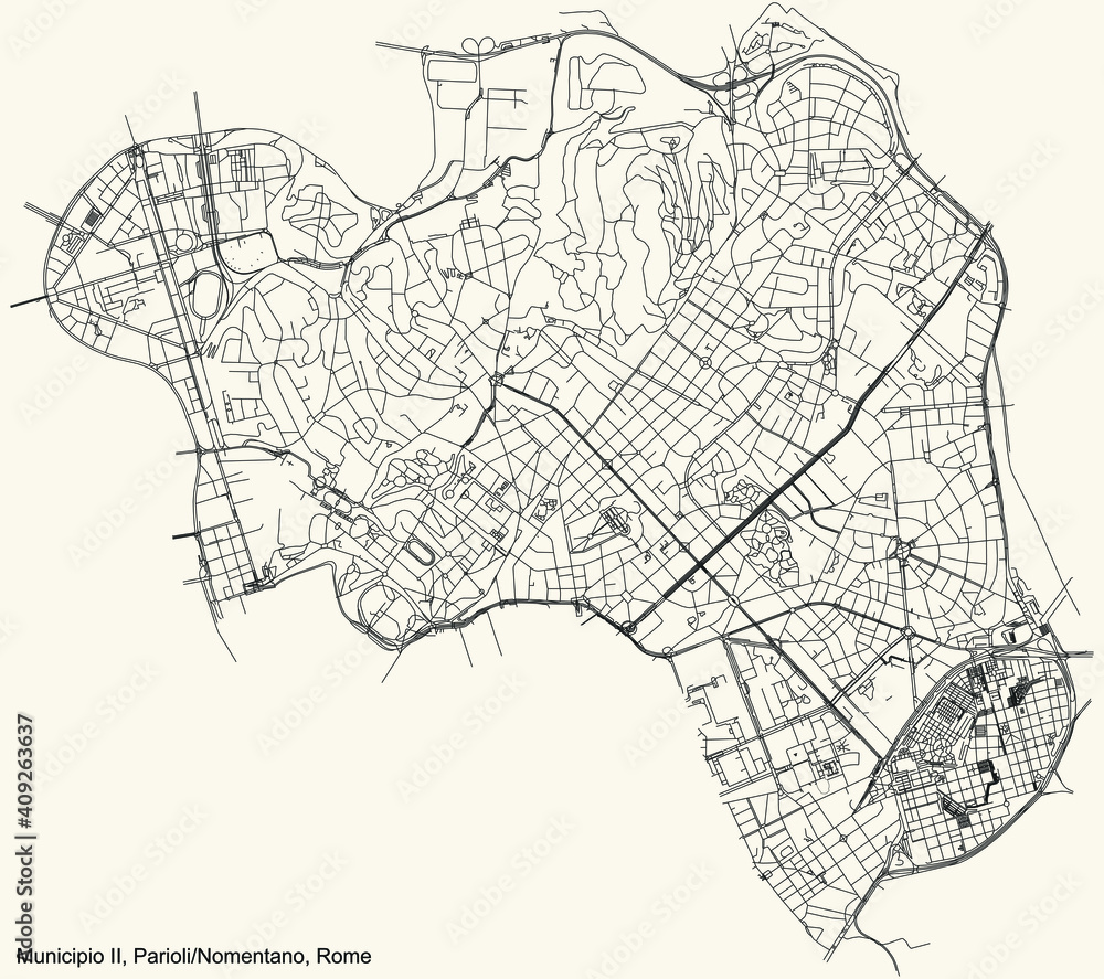 Fototapeta premium Black simple detailed street roads map on vintage beige background of the neighbourhood Municipio II – Parioli/Nomentano municipality of Rome, Italy