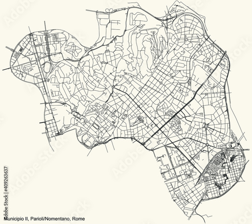 Black simple detailed street roads map on vintage beige background of the neighbourhood Municipio II – Parioli/Nomentano municipality of Rome, Italy