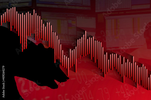A bearish stock market with a red background. The red bar chart with a black silhouette of a bear looking down to the descending chart shows a downward price movement in the stock market.