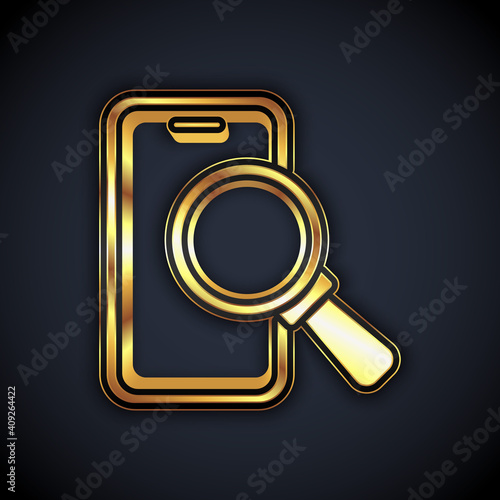 Gold Phone repair service icon isolated on black background. Adjusting, service, setting, maintenance, repair, fixing. Vector.