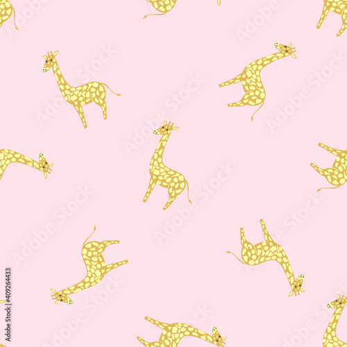 Decorative seamless pattern with yellow giraffe print. Pastel pink background. Random animal backdrop.