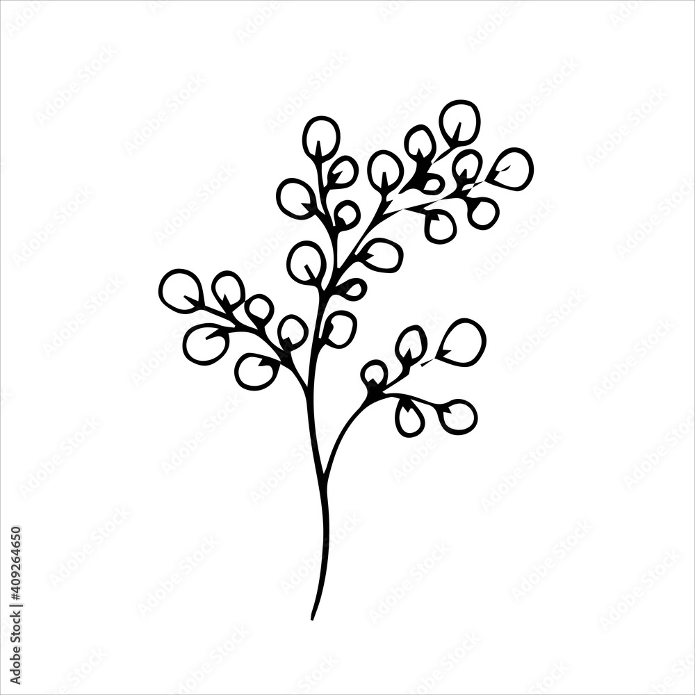Spring twig with leaves, floral vector object in doodle style, flowers hand draw, isolate on a white background. Spring twig with leaves, floral vector object in doodle style, flowers hand draw, isolate on a white background.
