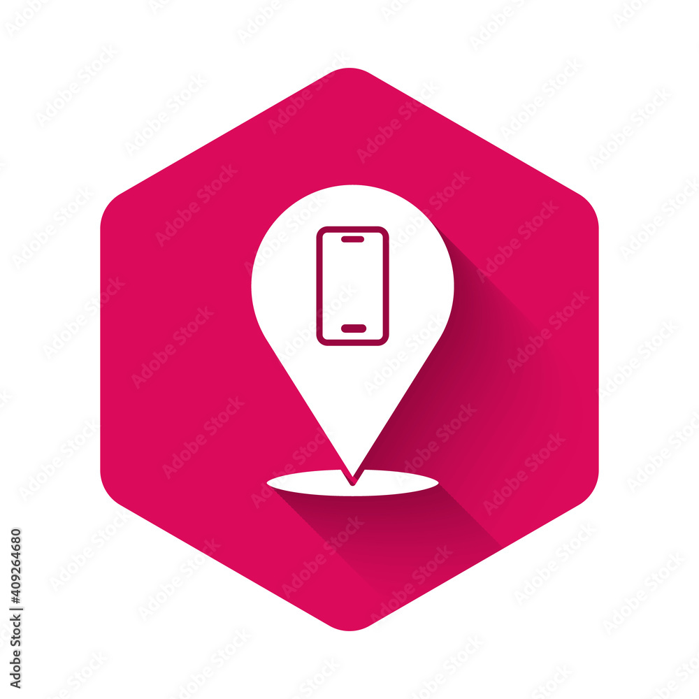 White Phone repair service icon isolated with long shadow background. Adjusting, service, setting, maintenance, repair, fixing. Pink hexagon button. Vector. White Phone repair service icon isolated with long shadow background. Adjusting, service, setting, maintenance, repair, fixing. Pink hexagon button. Vector.