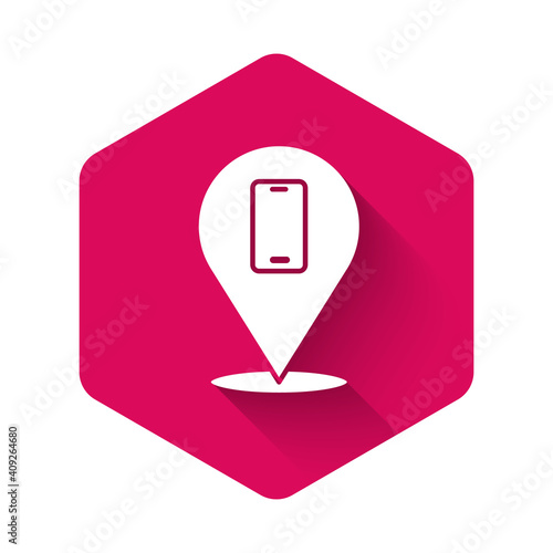 White Phone repair service icon isolated with long shadow background. Adjusting, service, setting, maintenance, repair, fixing. Pink hexagon button. Vector.