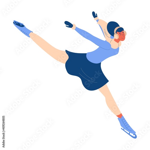 Woman doing figure skating element in winter clothes with smile on face. Isolated on white background female character.