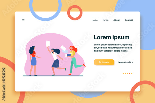 Distributors running with flyers. People giving papers, spreading leaflets flat vector illustration. Election or advertising campaign concept for banner, website design or landing web page
