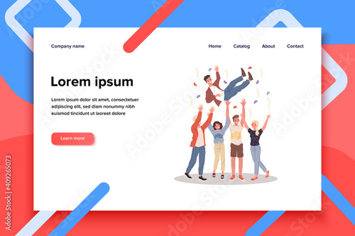 Happy guy celebrating birthday. Friends tossing mate in air flat vector illustration. Party, friendship, event, fun concept for banner, website design or landing web page