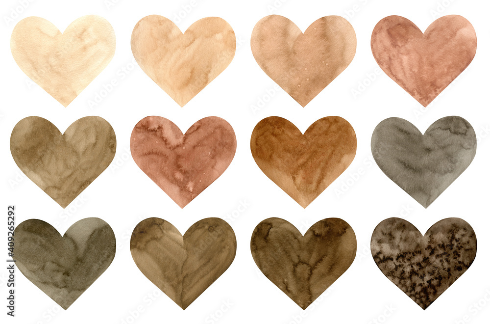 Watercolor set of brown hearts. Black lives matter. Valentine's Day  decoration. Nude and neutral colors. Stock Illustration