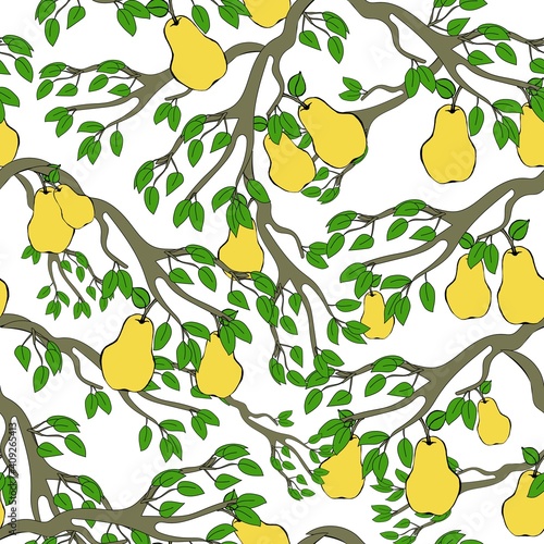 Seamless pattern branch with pears, garden fruit tree, pear tree, yellow ripe fruits, vector illustration in doodle style, hand draw.
