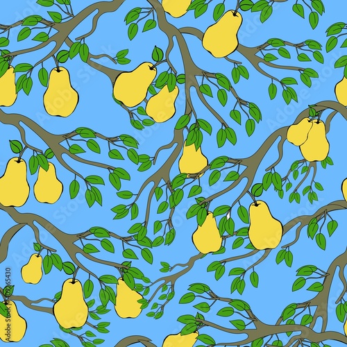 Seamless pattern branch with pears, garden fruit tree, pear tree, yellow ripe fruits, vector illustration in doodle style, hand draw.