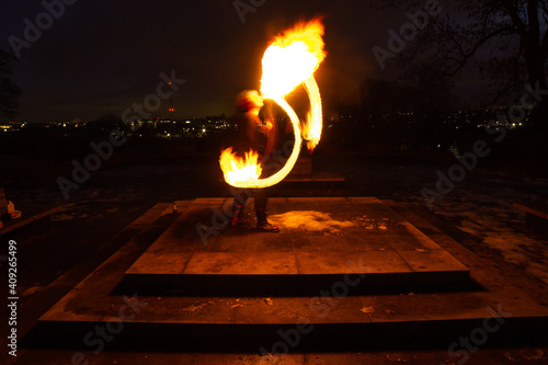 Lightpainting White European Firebreather in Queens Park Bolton at Night photo