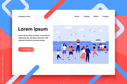 Happy people walking along sea on quay isolated flat vector illustration. Cartoon characters relaxing at seaside and watching boats. Summer activity and vacation concept