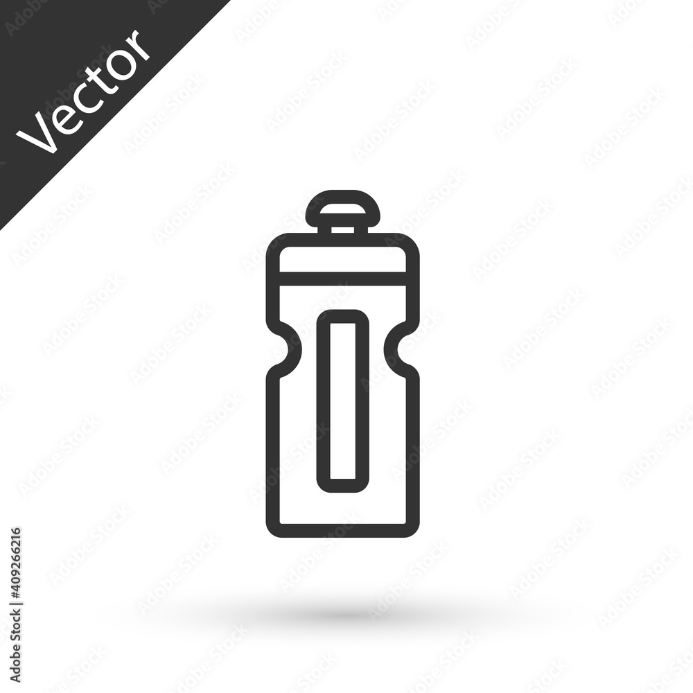 Grey line Fitness shaker icon isolated on white background. Sports shaker bottle with lid for water and protein cocktails. Vector. Grey line Fitness shaker icon isolated on white background. Sports shaker bottle with lid for water and protein cocktails. Vector.