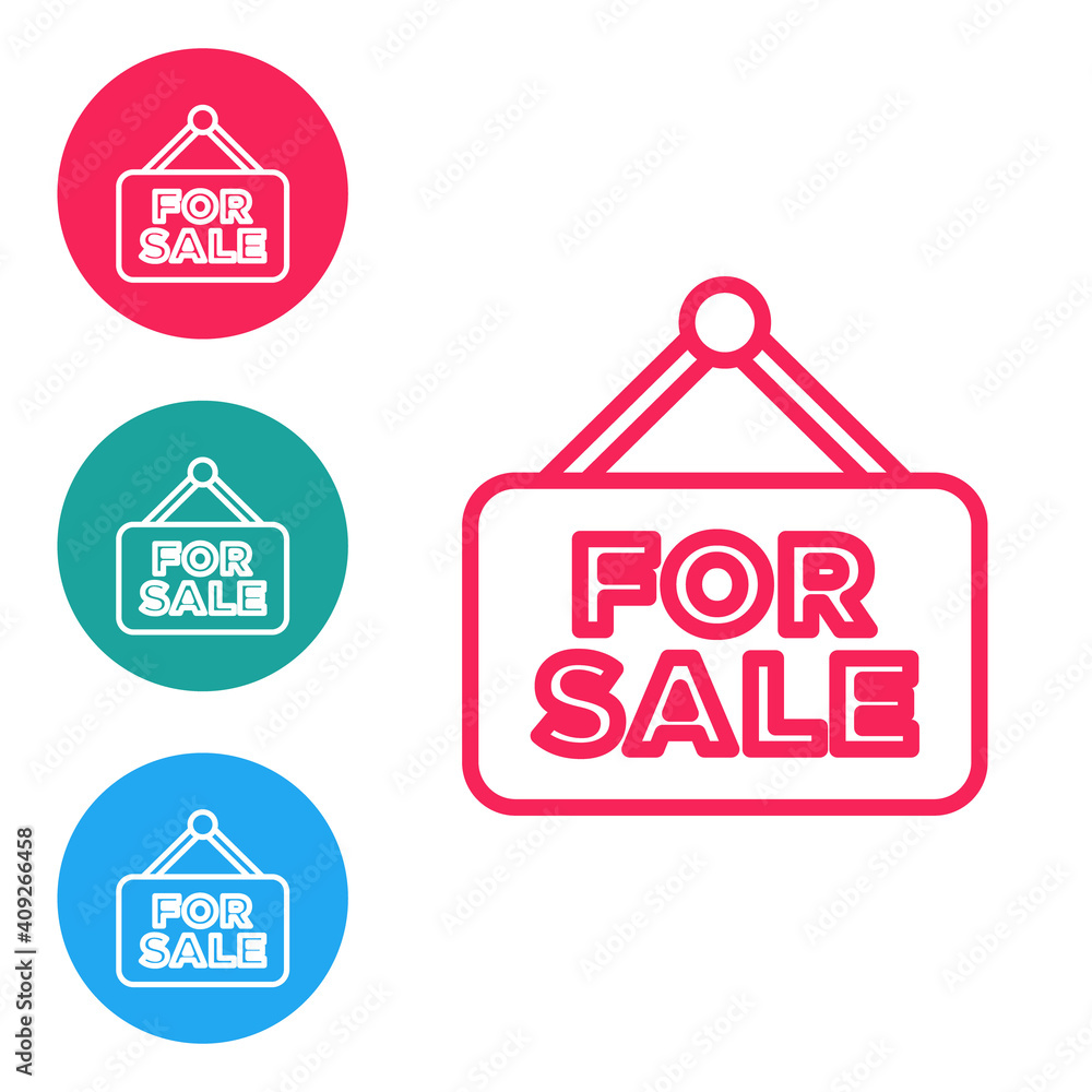 Red line Hanging sign with text For Sale icon isolated on white background. Signboard with text For Sale. Set icons in circle buttons. Vector.