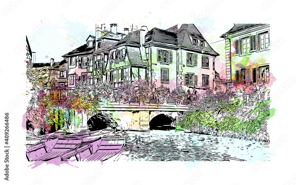 Building view with landmark of Colmar is the
city in France. Watercolor splash with hand drawn sketch illustration in vector.
