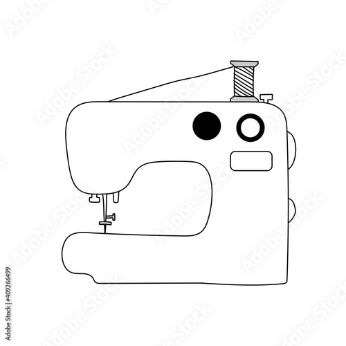 Electric sewing machine, spools of thread, vector image in doodle style, hand draw, isolate on a white background.