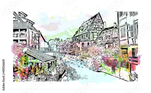 Building view with landmark of Colmar is the city in France. Watercolor splash with hand drawn sketch illustration in vector.