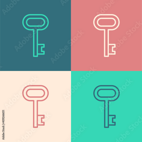 Pop art line House key icon isolated on color background. Vector.