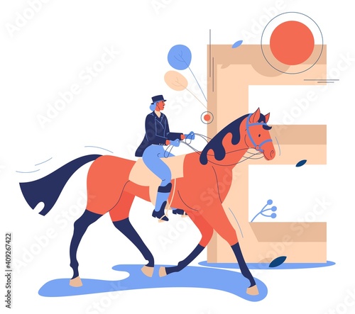 Equestrian sport concept illustration with woman jockey riding horse. Capital letter E on background