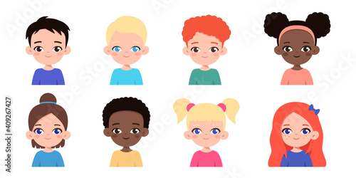 Set of diverse multiethnic children avatars. Happy faces of different boys and girls. Cartoon kids portraits. Vector illustration isolated on white background