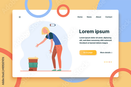 Caffeine addicted person. Tired woman reaching hands to takeaway coffee cup flat vector illustration. Low energy level, coffee break concept for banner, website design or landing web page