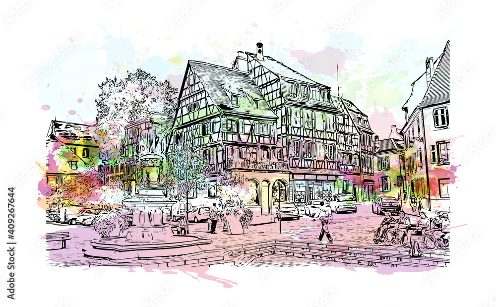 Building view with landmark of Colmar is the
city in France. Watercolor splash with hand drawn sketch illustration in vector.