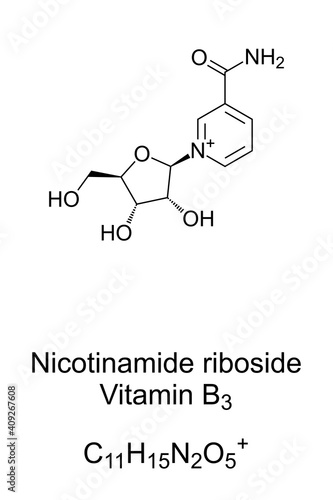 Nicotinamide riboside, NR, chemical structure and skeletal formula. SR647, a pyridine-nucleoside similar to vitamin B3. Vitamer of vitamin B3. Isolated illustration on white background. Vector.