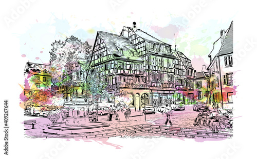 Obraz na płótnie Building view with landmark of Colmar is the
city in France. Watercolor splash with hand drawn sketch illustration in vector. w salonie