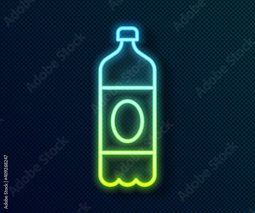Glowing neon line Plastic beer bottle icon isolated on black background. Vector.