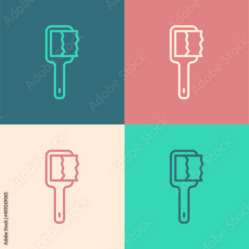 Pop art line Sauna brush icon isolated on color background. Wooden brush with coarse bristles for washing in the bath. Anti cellulite massage. Vector.