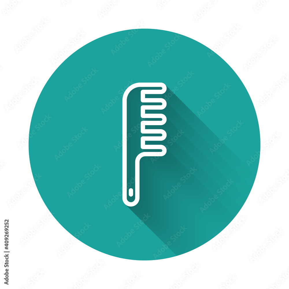 White line Hairbrush icon isolated with long shadow background. Comb hair sign. Barber symbol. Green circle button. Vector. White line Hairbrush icon isolated with long shadow background. Comb hair sign. Barber symbol. Green circle button. Vector.