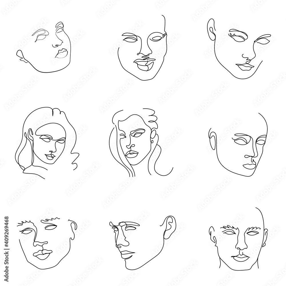 Elegant faces collections. One line drawing faces and hairstyles. Fashion concept, male and female beauty minimalist. Aesthetic art. Avant garde style illustrations Elegant faces collections. One line drawing faces and hairstyles. Fashion concept, male and female beauty minimalist. Aesthetic art. Avant garde style illustrations