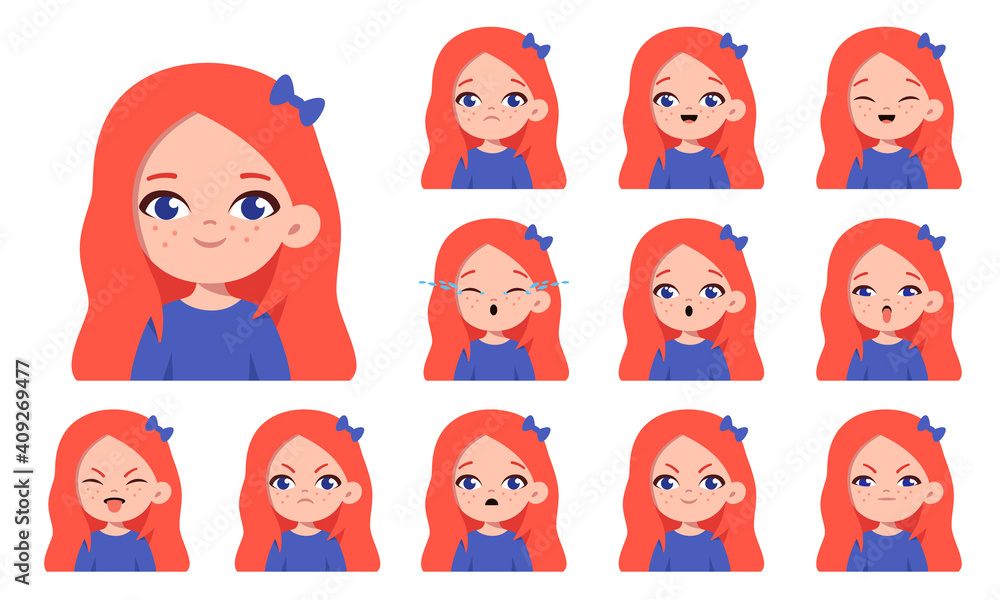 Set of cute little ginger girl with different facial expressions. Girl emotions face collection. Cartoon character design. Happy, sad, angry, surprised. Vector isolated on white background Set of cute little ginger girl with different facial expressions. Girl emotions face collection. Cartoon character design. Happy, sad, angry, surprised. Vector isolated on white background
