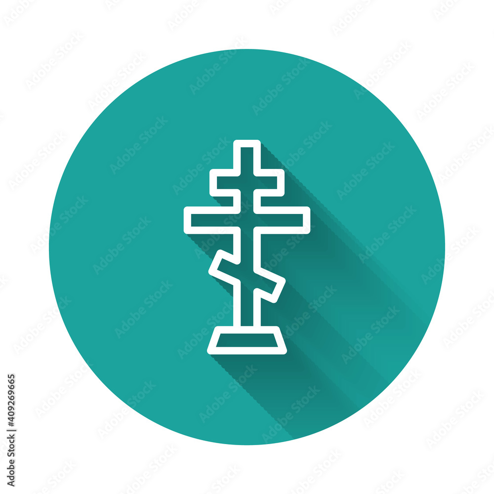 White line Christian cross icon isolated with long shadow background. Church cross. Green circle button. Vector. White line Christian cross icon isolated with long shadow background. Church cross. Green circle button. Vector.