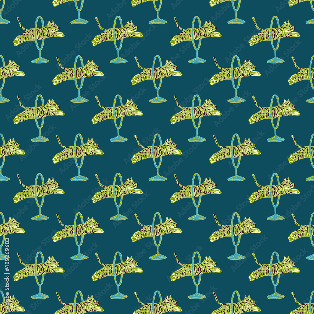 Wild cat seamless pattern with doodle jumping yellow tigers acroos rings print. Navy blue background.