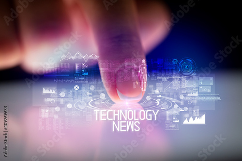 Finger touching tablet with web technology icons and TECHNOLOGY NEWS inscription