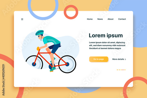 Athletic man cycling outdoors. Athlete riding bike, hardhat, race flat vector illustration. Sport, activity, lifestyle concept for banner, website design or landing web page