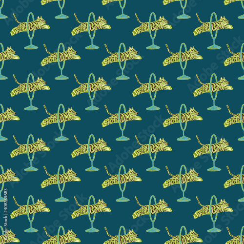 Wild cat seamless pattern with doodle jumping yellow tigers acroos rings print. Navy blue background.