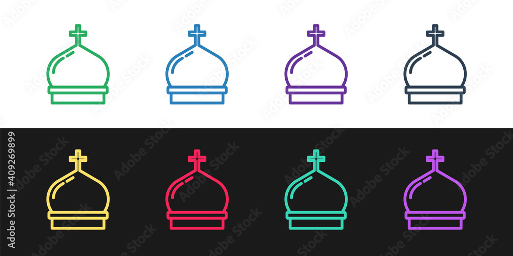 Set line Christian church tower icon isolated on black and white background. Religion of church. Vector.
